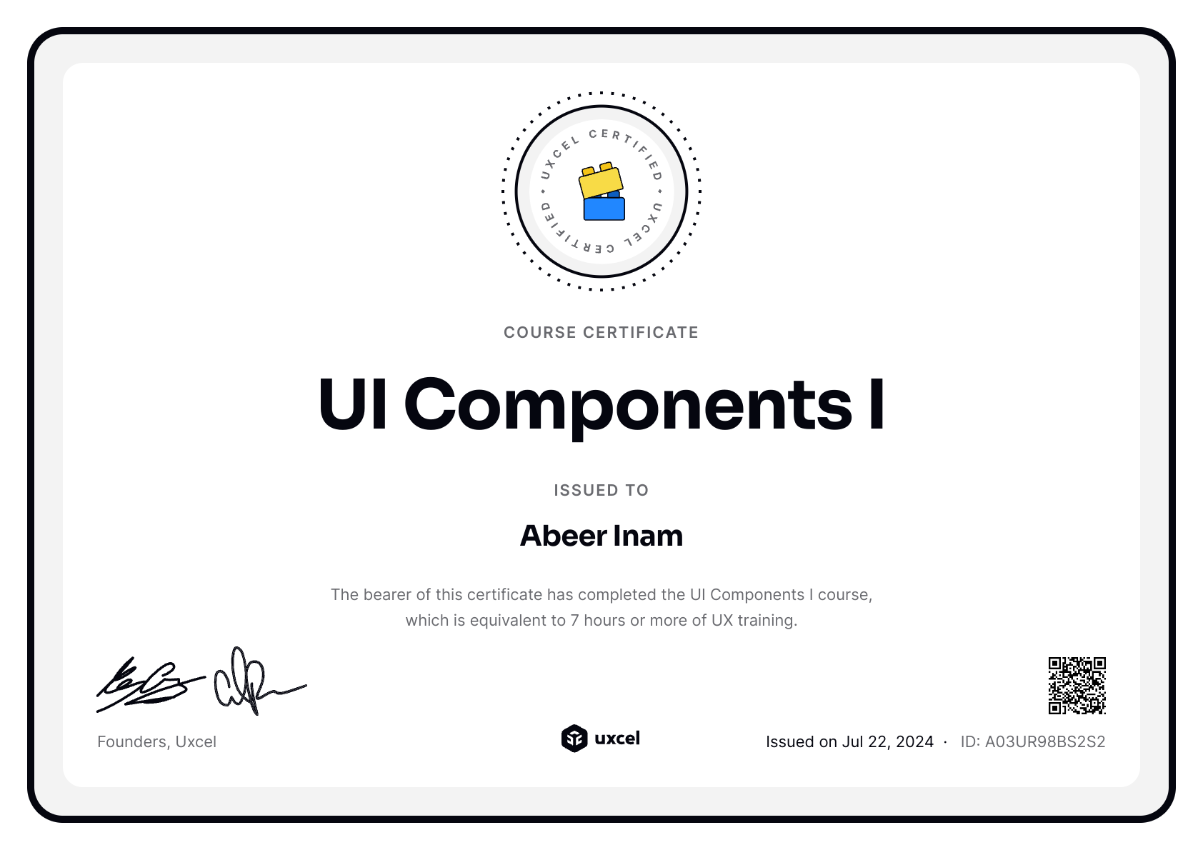 Abeer Inam's certificate